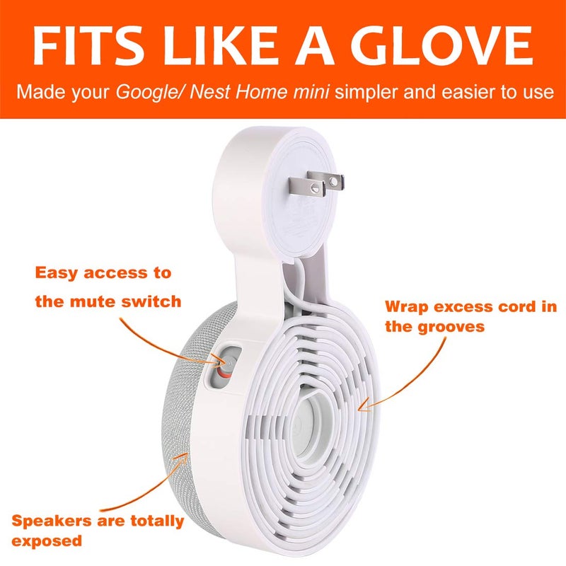 PEF Outlet Wall Mount Holder for Google Nest Mini and Google Home Mini, A Space-Saving Accessories with Cord Management for Google Mini Smart Speaker, No Messy Wires or Screws (2 Pack) - Image 3